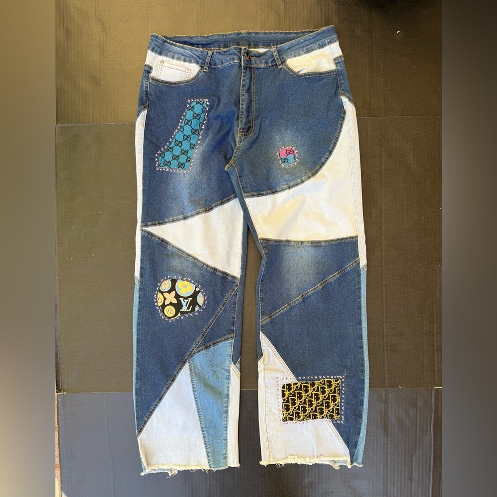 Designer Inspired Hand Stitched Upcycled Denim Straight Leg Jeans sz 2XL